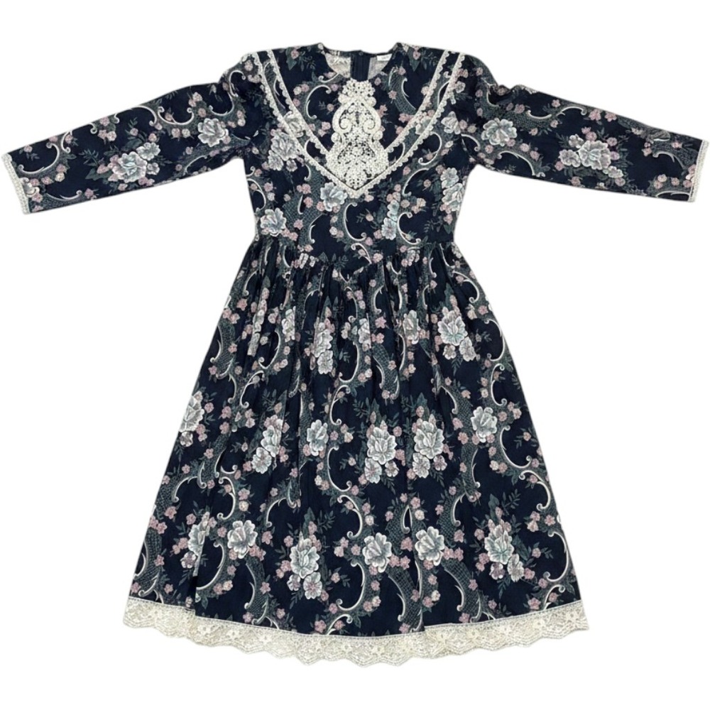 Jessica McClintock Gunne Sax Dress Kids 12 Navy Floral Lace Prairie Cottagecore